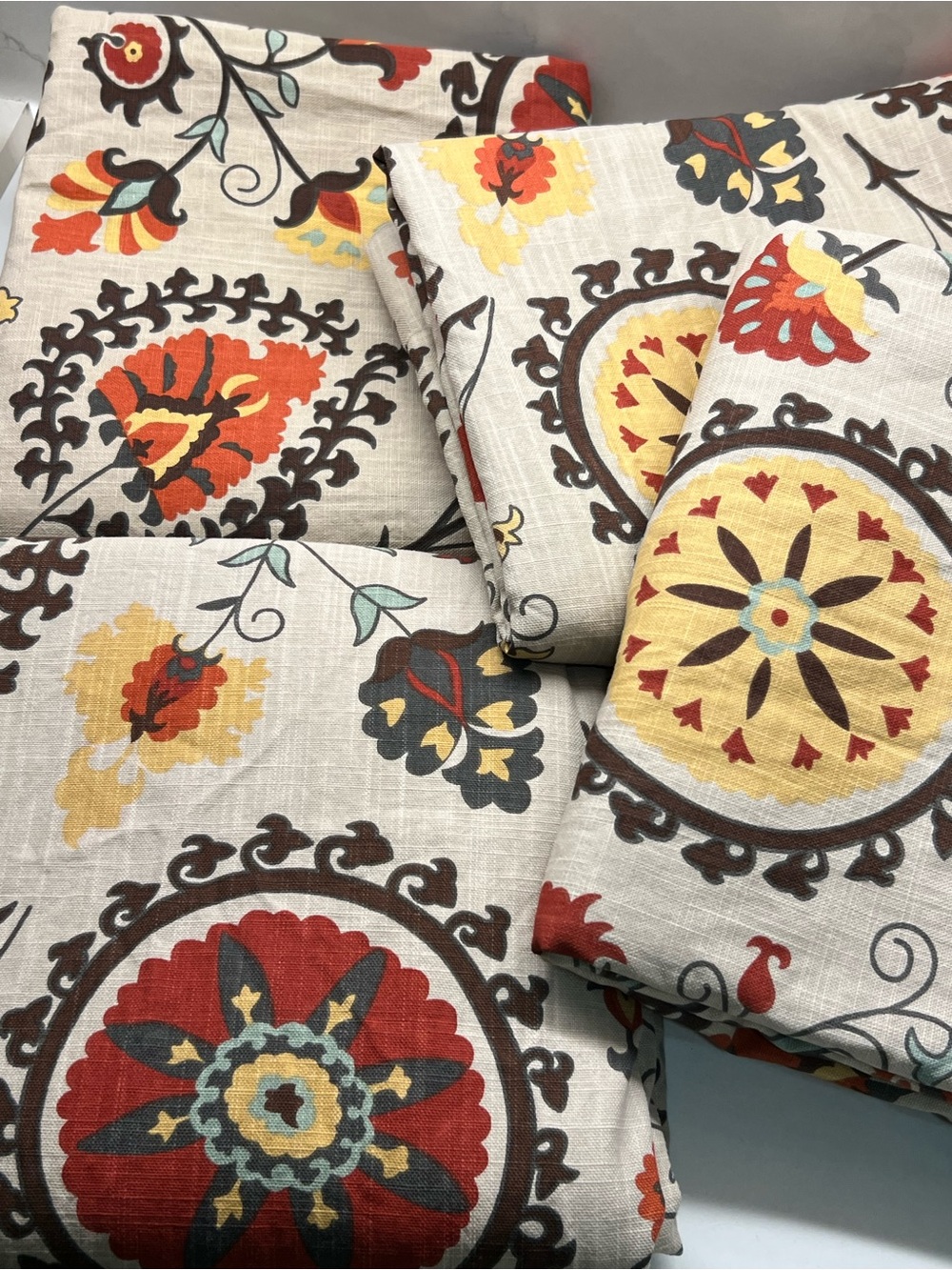 WORLD MARKET SUZANI GOLD RED AQUA MEDALLION FLORAL (2) CURTAINS PANELS 48X84